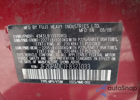 2015 Subaru Xv Crosstrek 2.0I Premium из США, поврежденный, VIN JF2GPADC7F8321033